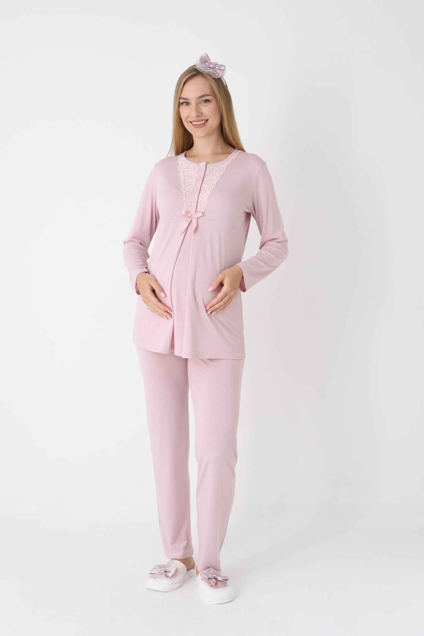 3’Lü Pijama Takımı - Dantel Detay Volan Kol Sabahlıklı Lohusa Hamile Takım - 3448