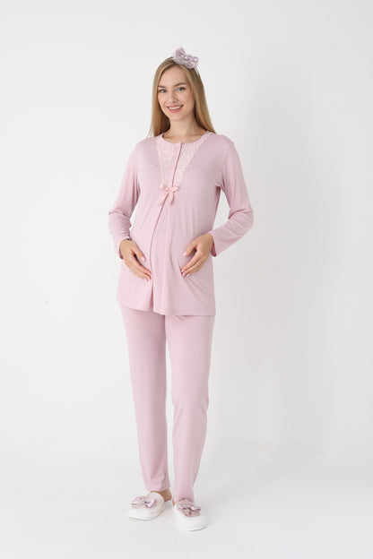 3’Lü Pijama Takımı - Dantel Detay Volan Kol Sabahlıklı Lohusa Hamile Takım - 3448