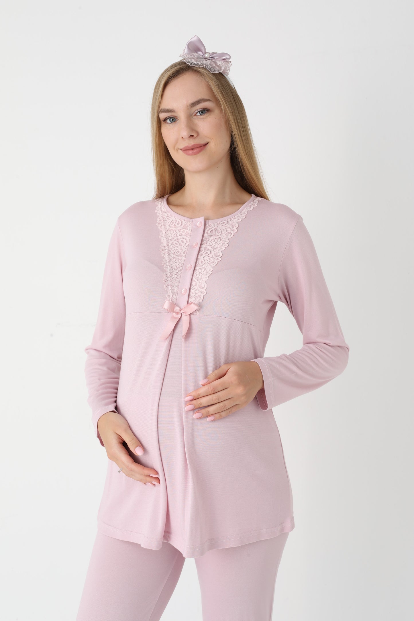 3’Lü Pijama Takımı - Dantel Detay Volan Kol Sabahlıklı Lohusa Hamile Takım - 3448