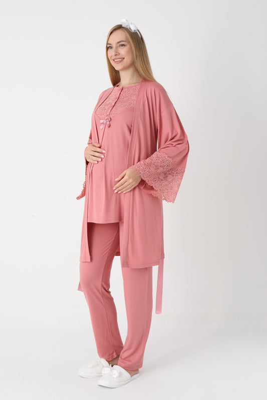 3’Lü Pijama Takımı - Dantel Detay Volan Kol Sabahlıklı Lohusa Hamile Takım - 3449