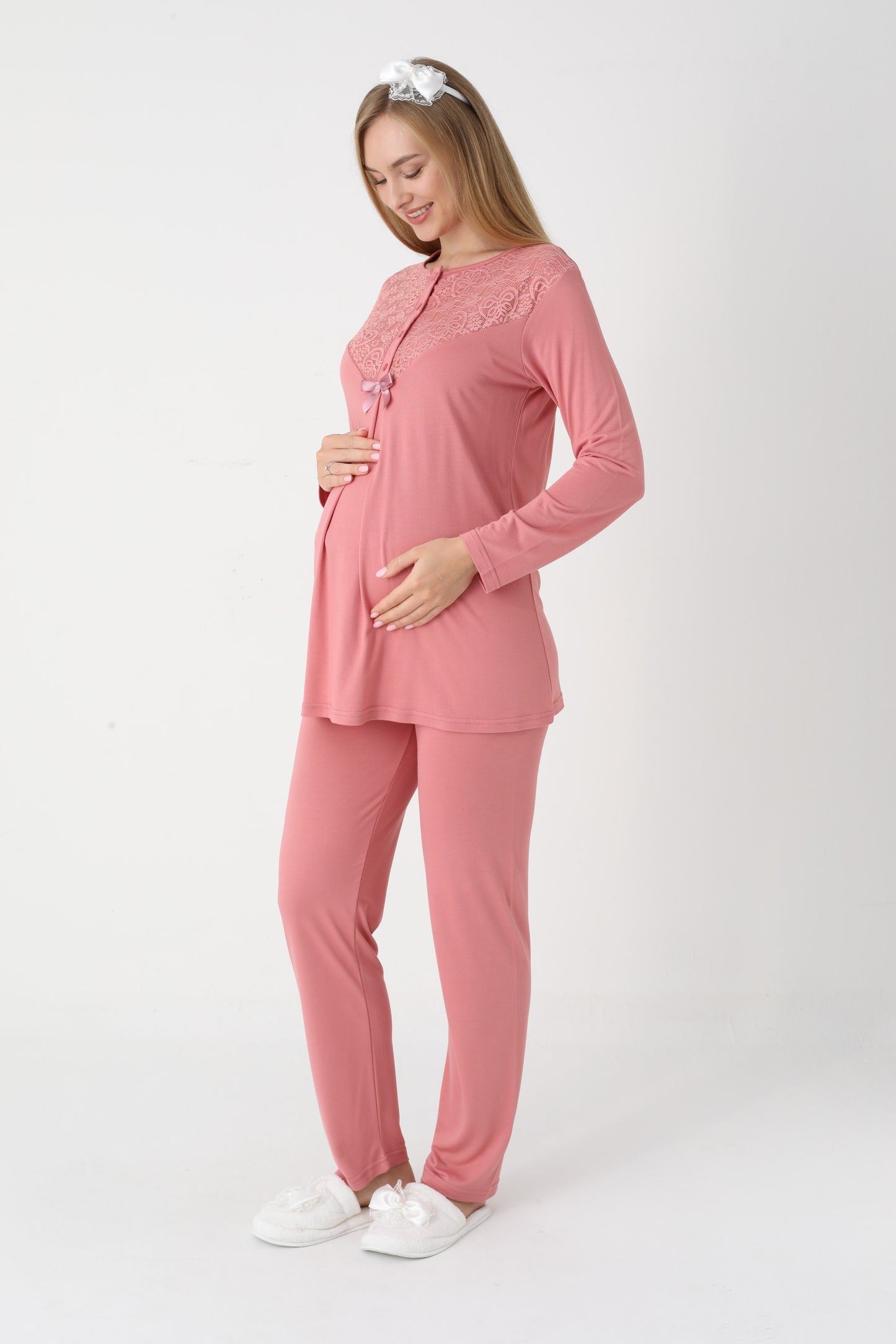 3’Lü Pijama Takımı - Dantel Detay Volan Kol Sabahlıklı Lohusa Hamile Takım - 3449