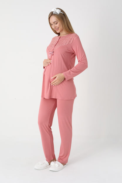 3’Lü Pijama Takımı - Dantel Detay Volan Kol Sabahlıklı Lohusa Hamile Takım - 3449