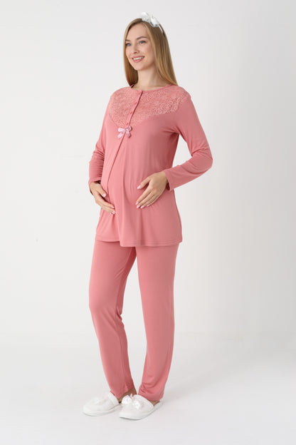 3’Lü Pijama Takımı - Dantel Detay Volan Kol Sabahlıklı Lohusa Hamile Takım - 3449