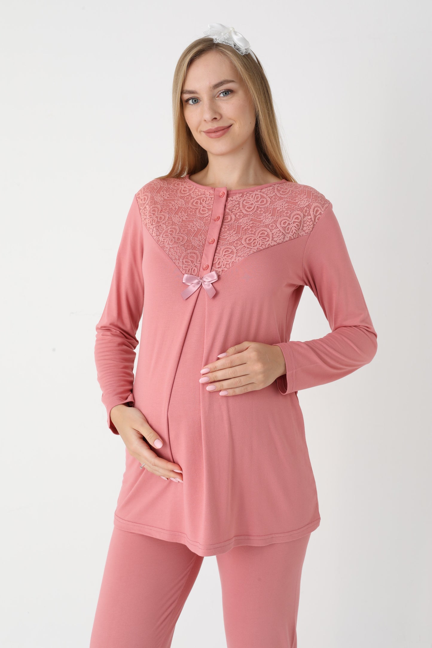 3’Lü Pijama Takımı - Dantel Detay Volan Kol Sabahlıklı Lohusa Hamile Takım - 3449