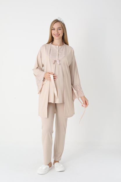 3’Lü Pijama Takımı - Dantel Detay Volan Kol Sabahlıklı Lohusa Hamile Takım - 3449