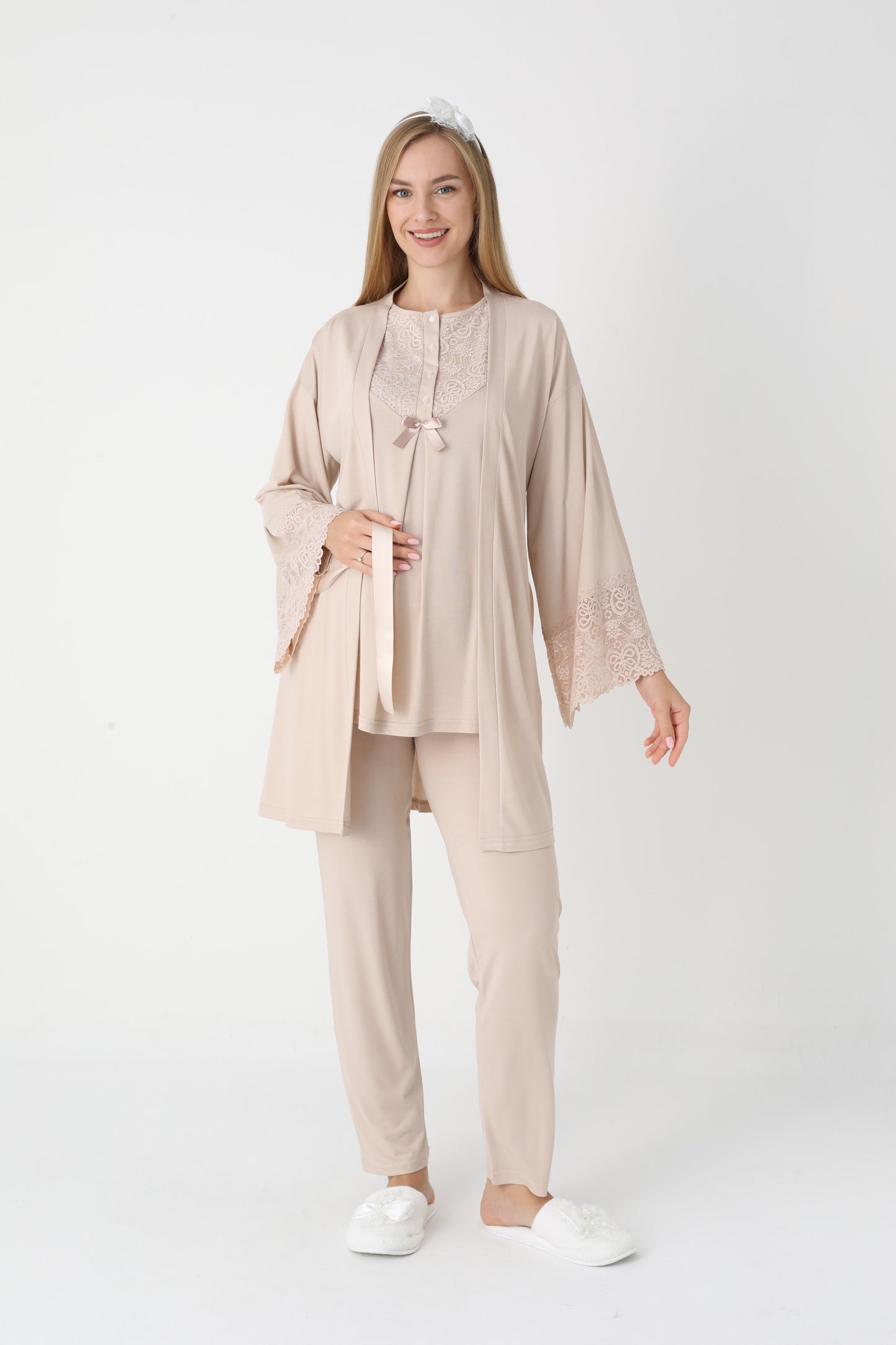 3’Lü Pijama Takımı - Dantel Detay Volan Kol Sabahlıklı Lohusa Hamile Takım - 3449