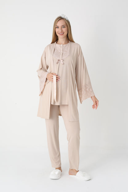3’Lü Pijama Takımı - Dantel Detay Volan Kol Sabahlıklı Lohusa Hamile Takım - 3449