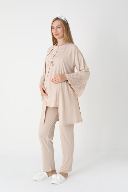 3’Lü Pijama Takımı - Dantel Detay Volan Kol Sabahlıklı Lohusa Hamile Takım - 3449