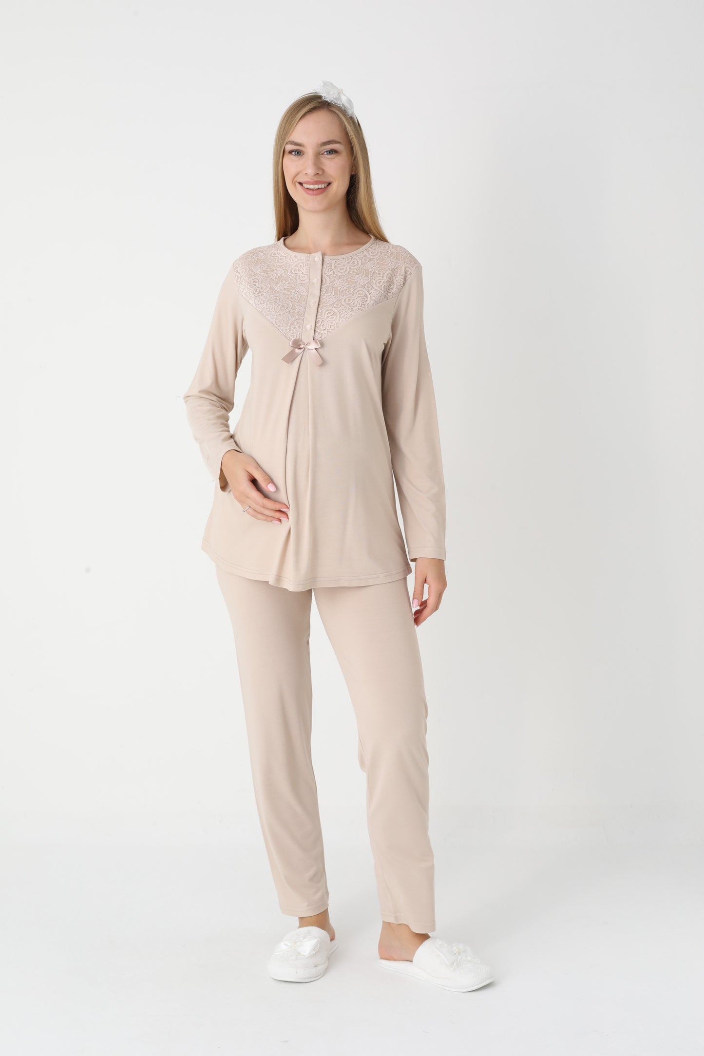 3’Lü Pijama Takımı - Dantel Detay Volan Kol Sabahlıklı Lohusa Hamile Takım - 3449