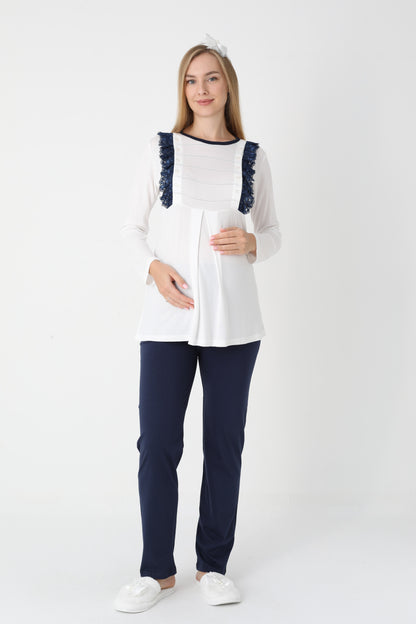 3’Lü Pijama Takımı - Puantiyeli Sabahlıklı Lohusa Hamile Takım - 3451