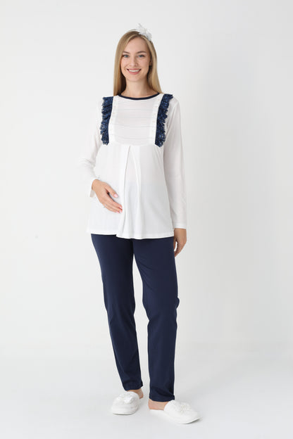 3’Lü Pijama Takımı - Puantiyeli Sabahlıklı Lohusa Hamile Takım - 3451