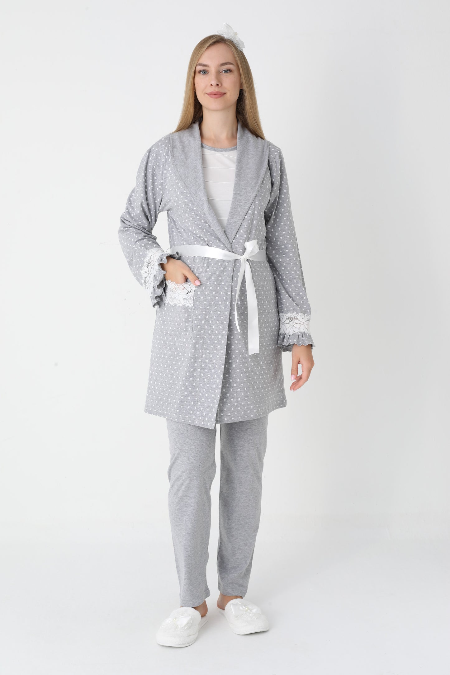 3’Lü Pijama Takımı - Puantiyeli Sabahlıklı Lohusa Hamile Takım - 3451