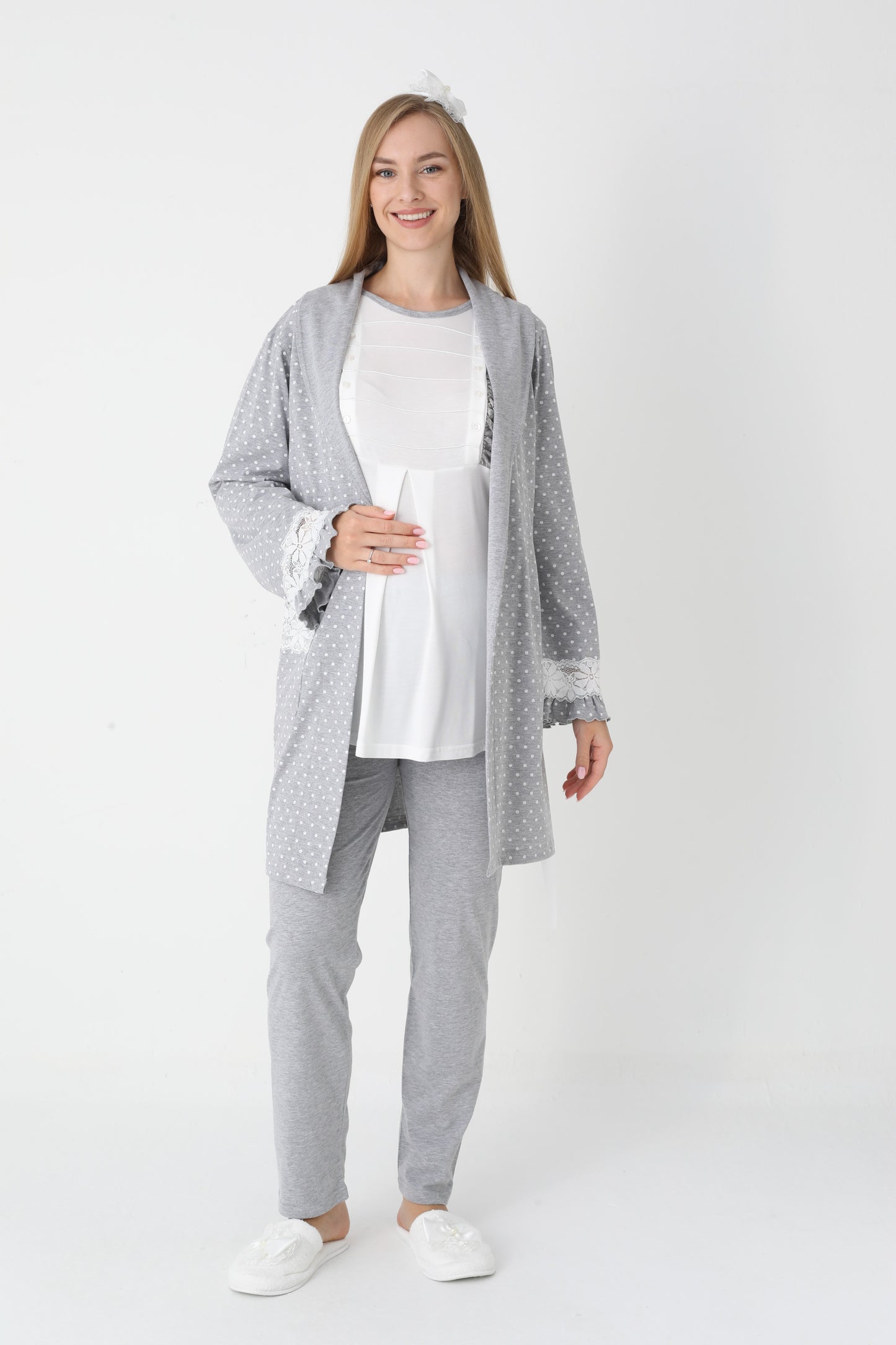 3’Lü Pijama Takımı - Puantiyeli Sabahlıklı Lohusa Hamile Takım - 3451