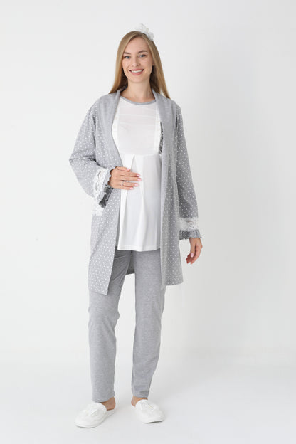 3’Lü Pijama Takımı - Puantiyeli Sabahlıklı Lohusa Hamile Takım - 3451