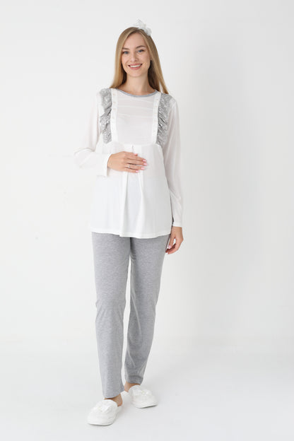 3’Lü Pijama Takımı - Puantiyeli Sabahlıklı Lohusa Hamile Takım - 3451