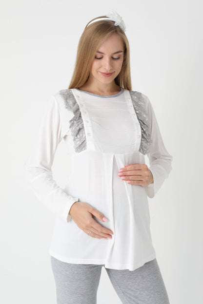 3’Lü Pijama Takımı - Puantiyeli Sabahlıklı Lohusa Hamile Takım - 3451