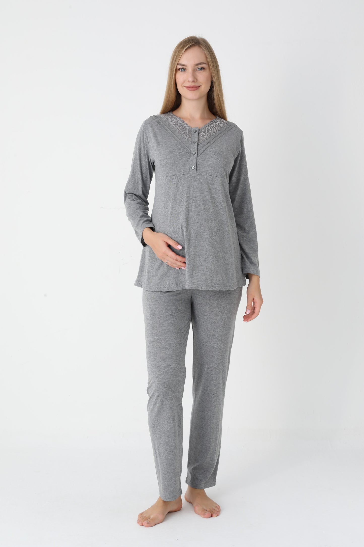 3’Lü Pijama Takımı - Desenli Sabahlıklı Lohusa Hamile Takım - 3452