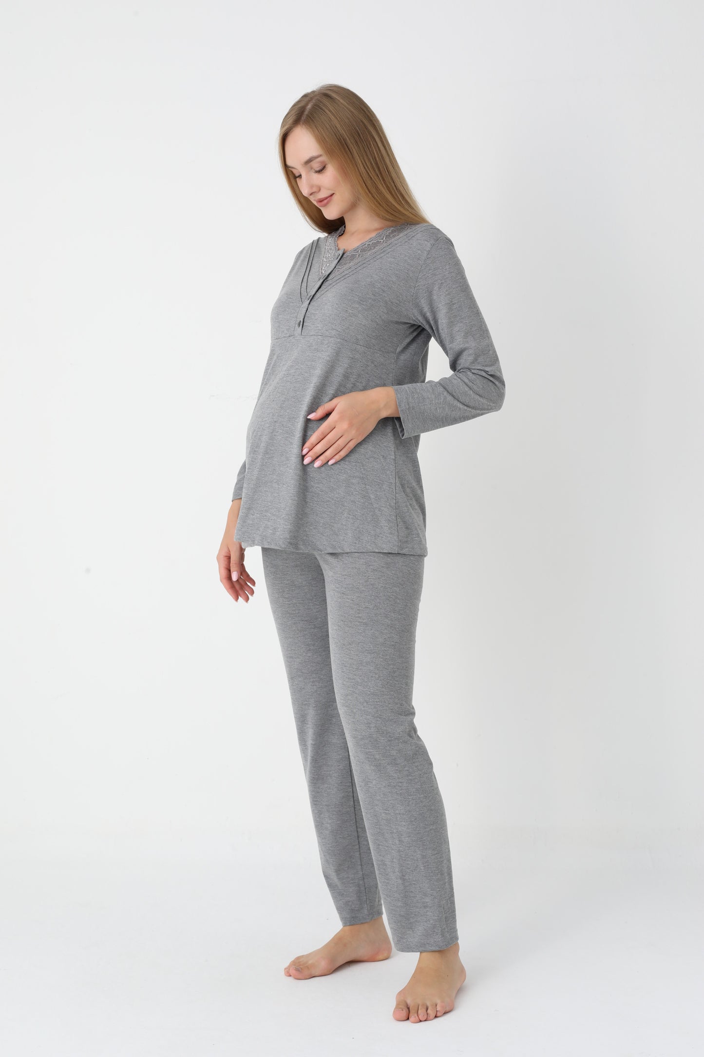 3’Lü Pijama Takımı - Desenli Sabahlıklı Lohusa Hamile Takım - 3452