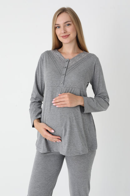 3’Lü Pijama Takımı - Desenli Sabahlıklı Lohusa Hamile Takım - 3452