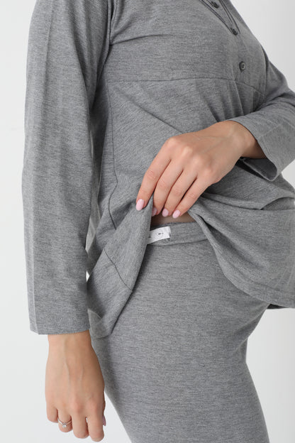 3’Lü Pijama Takımı - Desenli Sabahlıklı Lohusa Hamile Takım - 3452