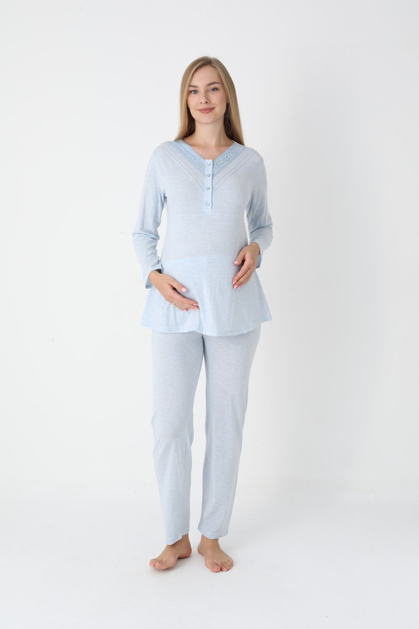 3’Lü Pijama Takımı - Desenli Sabahlıklı Lohusa Hamile Takım - 3452