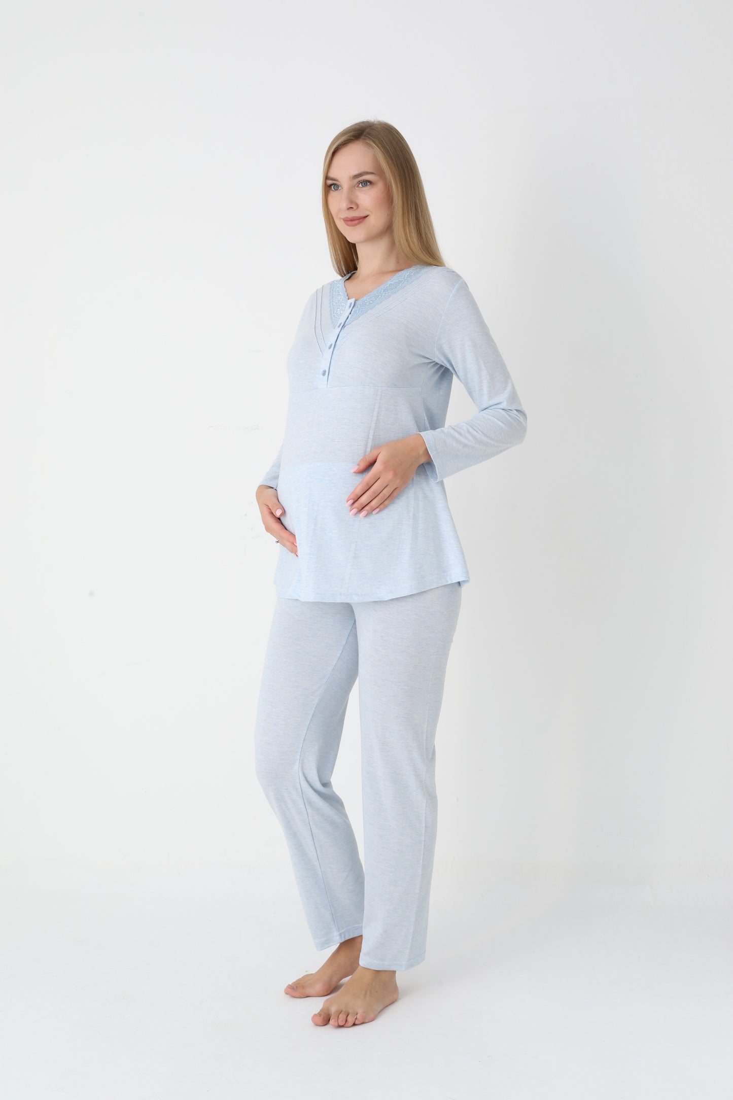 3’Lü Pijama Takımı - Desenli Sabahlıklı Lohusa Hamile Takım - 3452