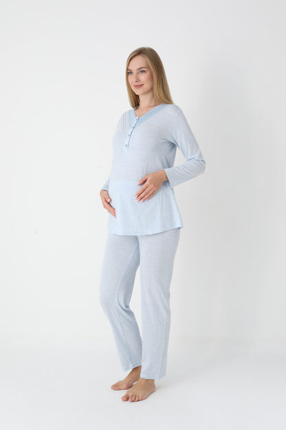 3’Lü Pijama Takımı - Desenli Sabahlıklı Lohusa Hamile Takım - 3452