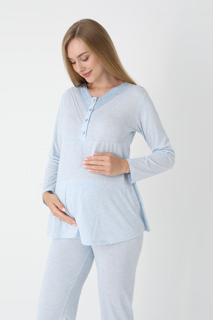 3’Lü Pijama Takımı - Desenli Sabahlıklı Lohusa Hamile Takım - 3452