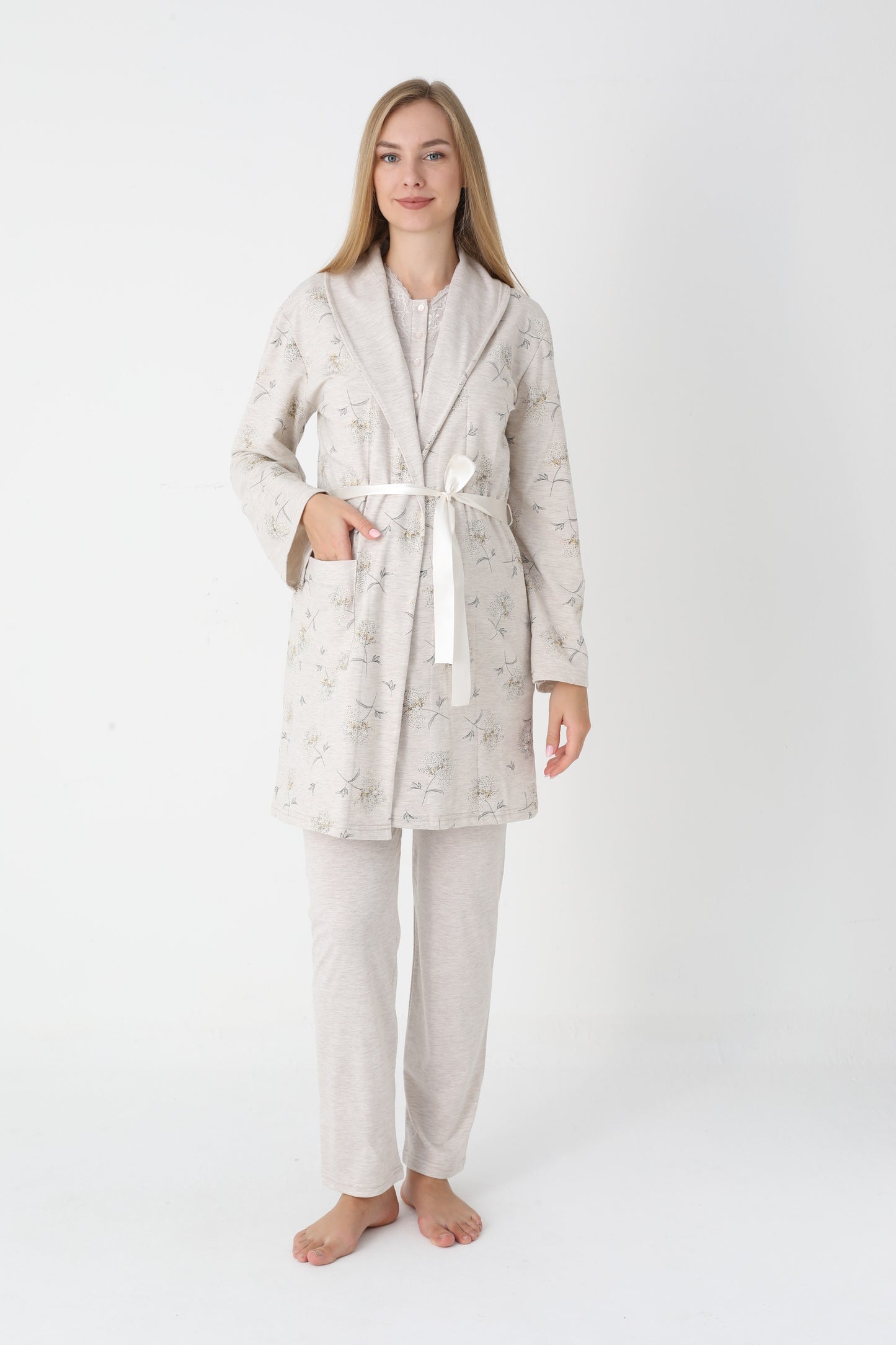 3’Lü Pijama Takımı - Desenli Sabahlıklı Lohusa Hamile Takım - 3452