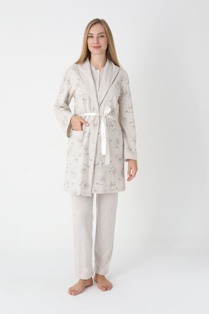 3’Lü Pijama Takımı - Desenli Sabahlıklı Lohusa Hamile Takım - 3452