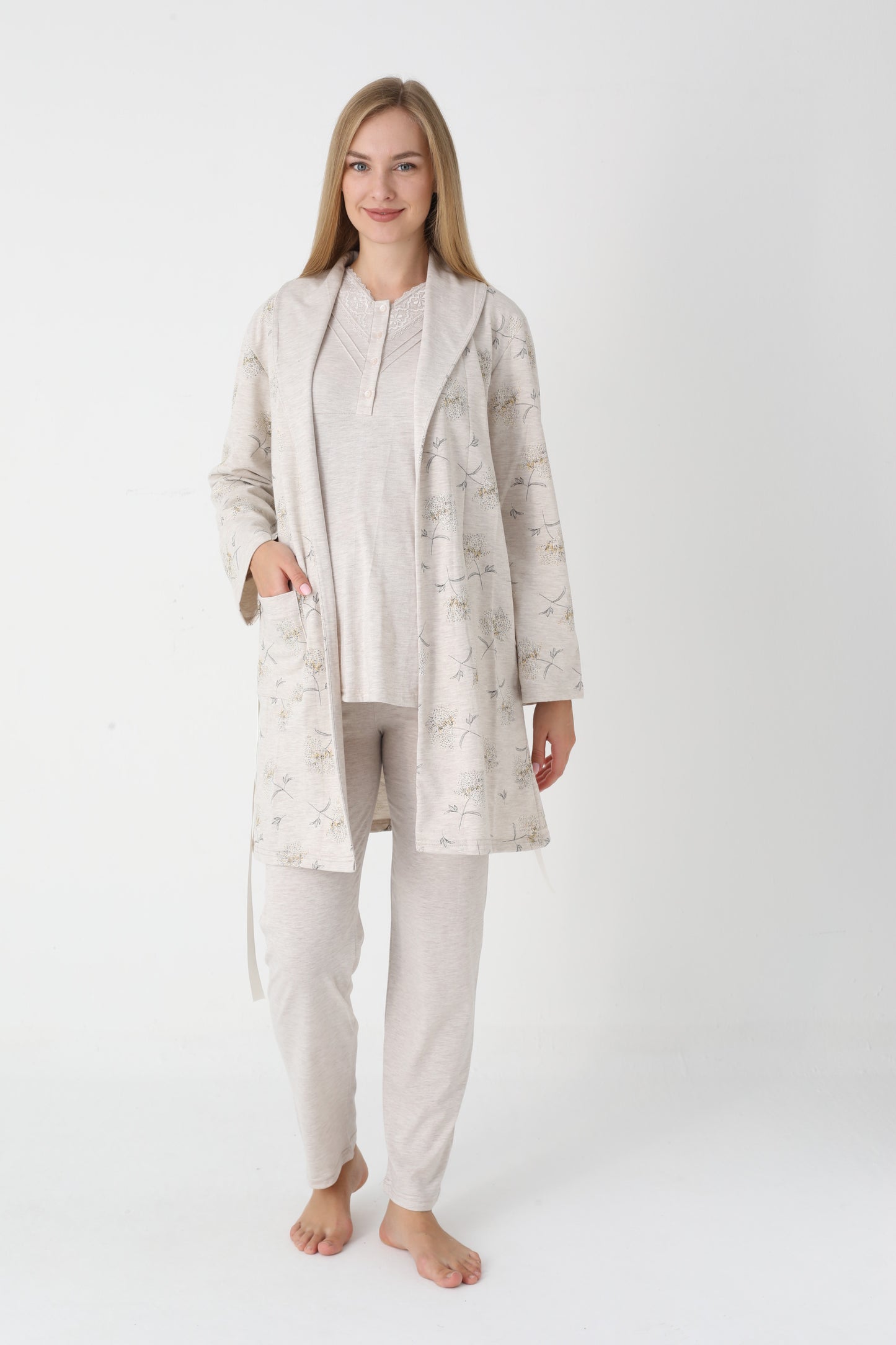 3’Lü Pijama Takımı - Desenli Sabahlıklı Lohusa Hamile Takım - 3452