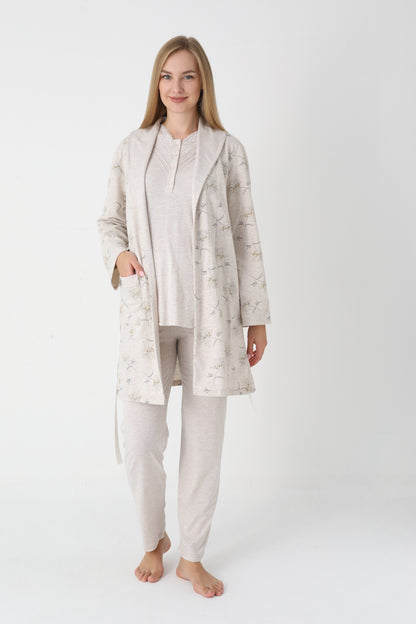 3’Lü Pijama Takımı - Desenli Sabahlıklı Lohusa Hamile Takım - 3452