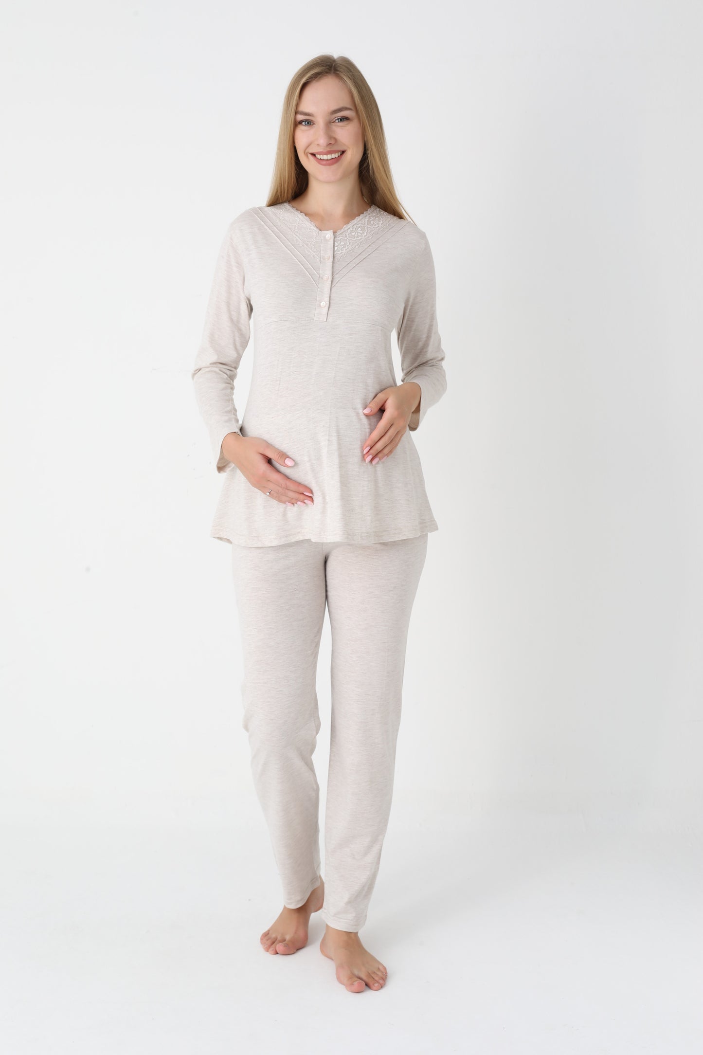 3’Lü Pijama Takımı - Desenli Sabahlıklı Lohusa Hamile Takım - 3452