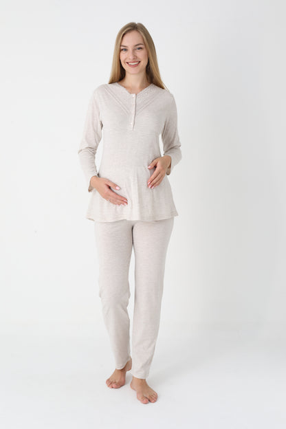 3’Lü Pijama Takımı - Desenli Sabahlıklı Lohusa Hamile Takım - 3452