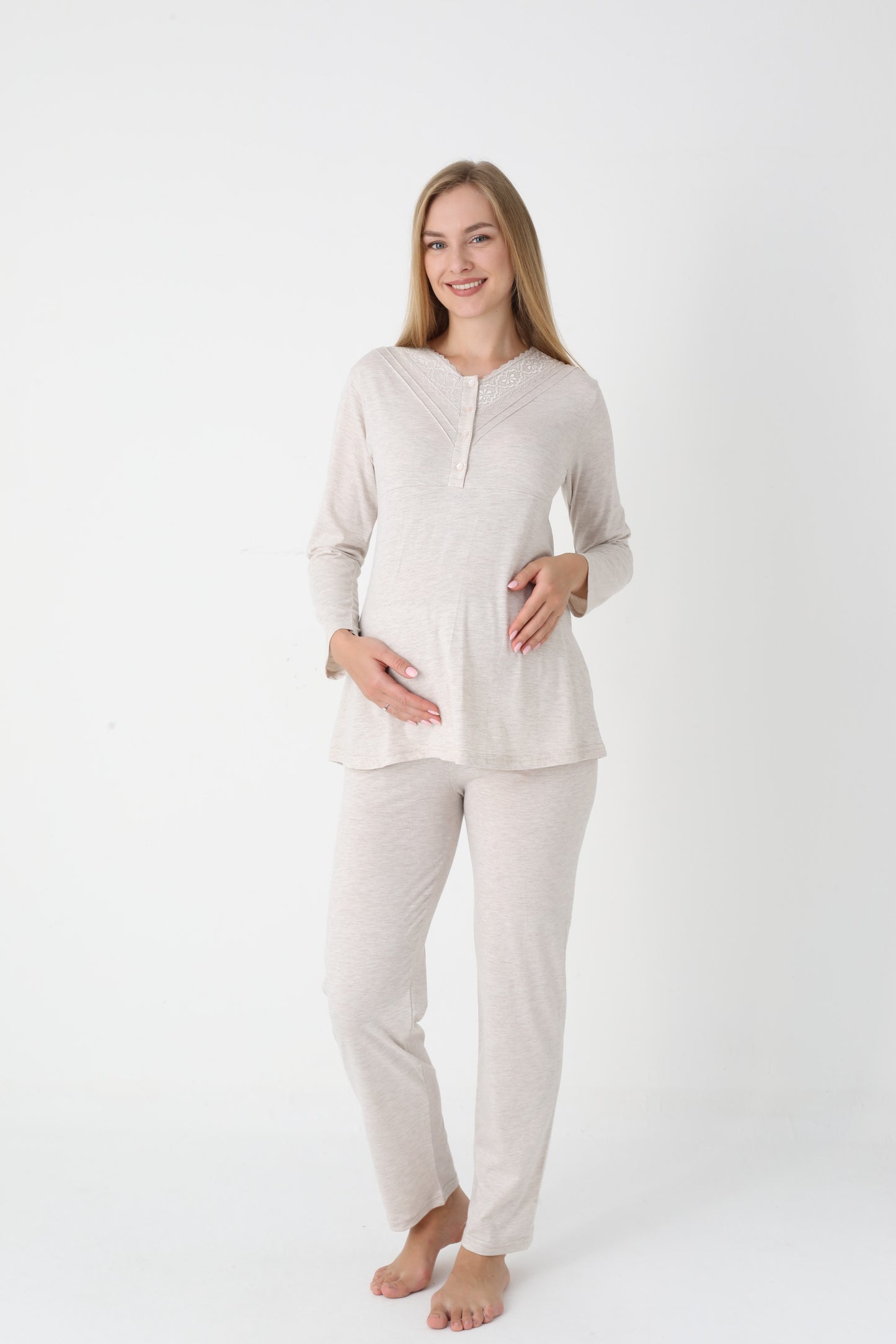 3’Lü Pijama Takımı - Desenli Sabahlıklı Lohusa Hamile Takım - 3452