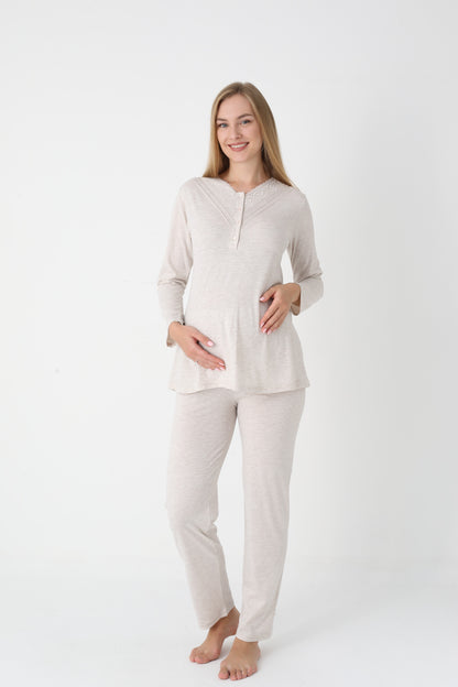 3’Lü Pijama Takımı - Desenli Sabahlıklı Lohusa Hamile Takım - 3452