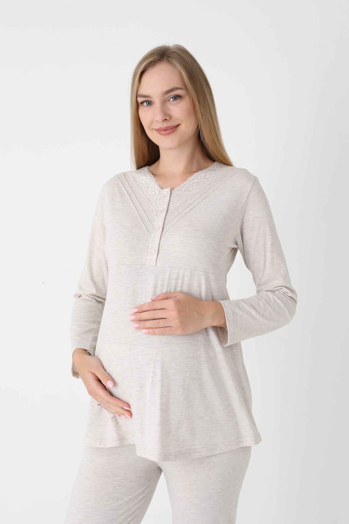 3’Lü Pijama Takımı - Desenli Sabahlıklı Lohusa Hamile Takım - 3452