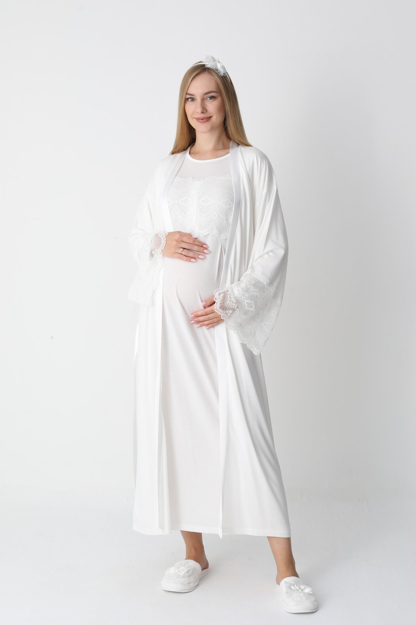 Uzun Kollu Dantel Detaylı Sabahlıklı Lohusa Hamile Gecelik -2301