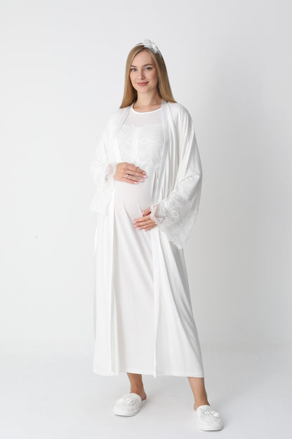 Uzun Kollu Dantel Detaylı Sabahlıklı Lohusa Hamile Gecelik -2301