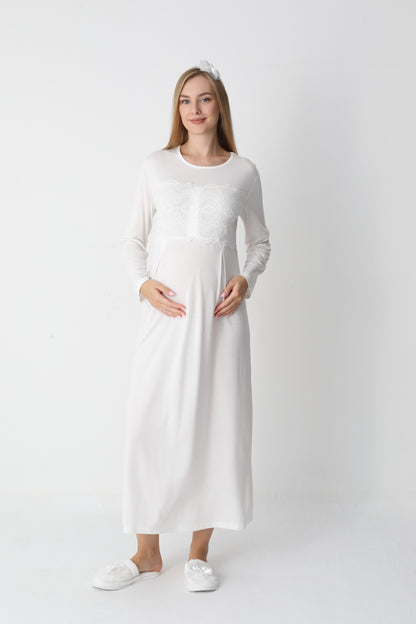 Uzun Kollu Dantel Detaylı Sabahlıklı Lohusa Hamile Gecelik -2301