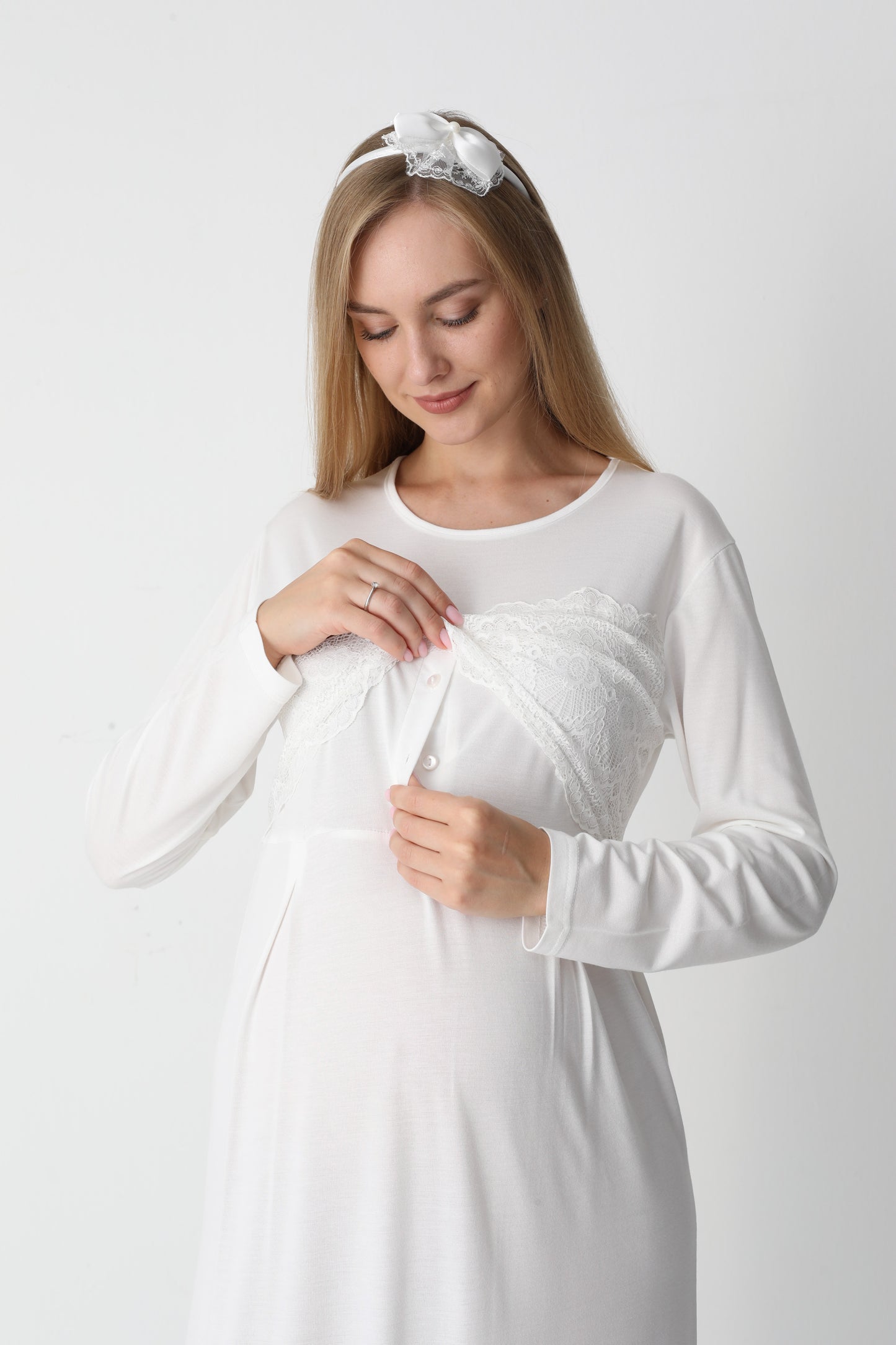 Uzun Kollu Dantel Detaylı Sabahlıklı Lohusa Hamile Gecelik -2301