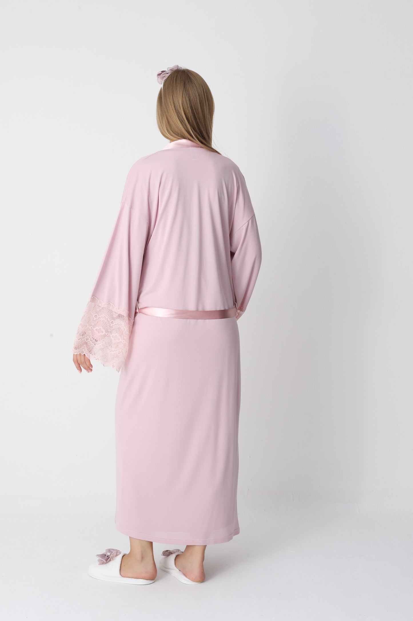 Uzun Kollu Dantel Detaylı Sabahlıklı Lohusa Hamile Gecelik -2301