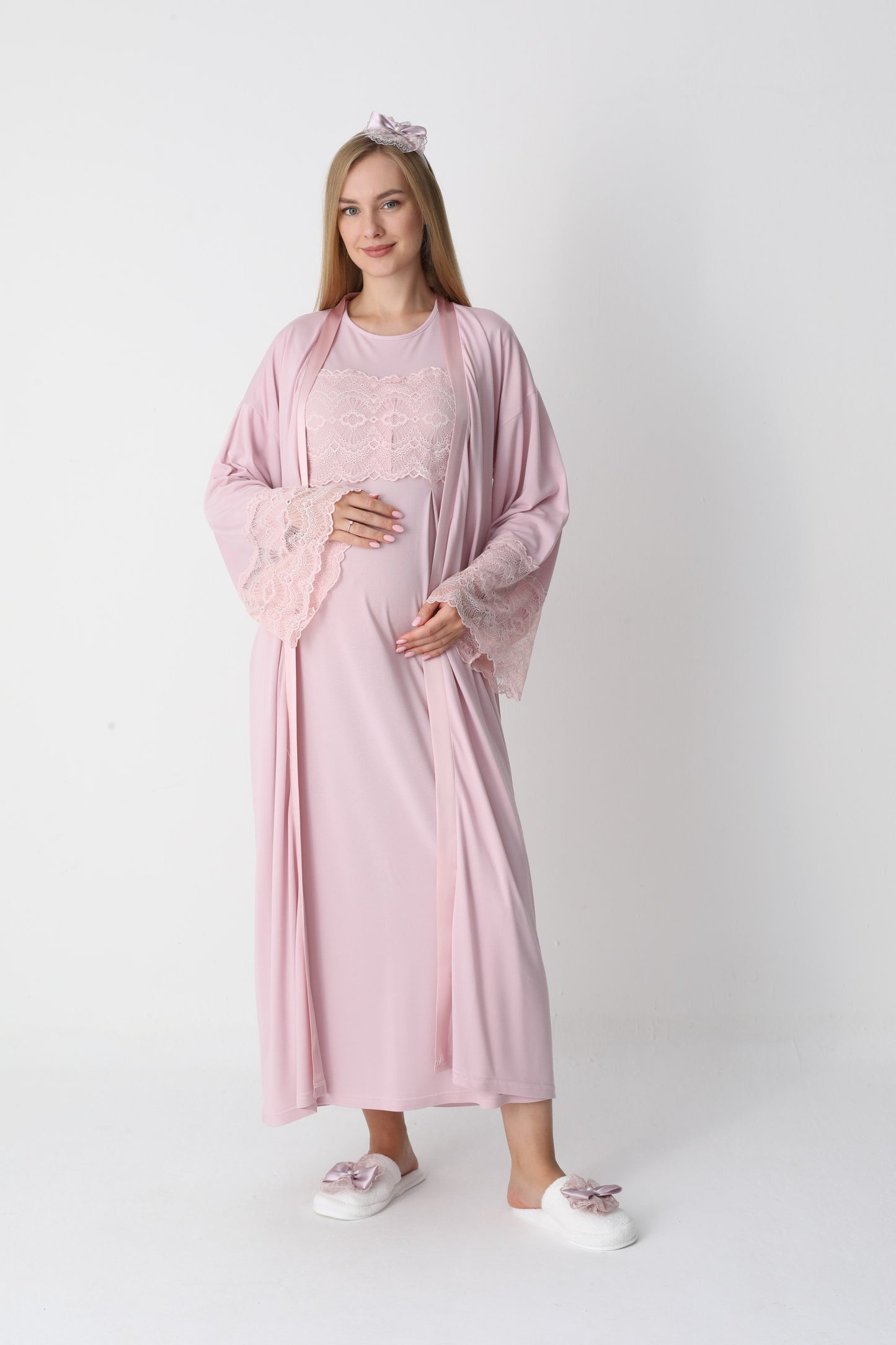 Uzun Kollu Dantel Detaylı Sabahlıklı Lohusa Hamile Gecelik -2301