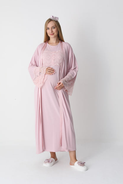 Uzun Kollu Dantel Detaylı Sabahlıklı Lohusa Hamile Gecelik -2301