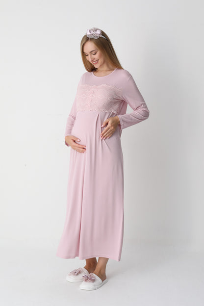 Uzun Kollu Dantel Detaylı Sabahlıklı Lohusa Hamile Gecelik -2301