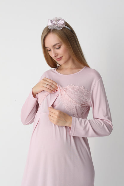 Uzun Kollu Dantel Detaylı Sabahlıklı Lohusa Hamile Gecelik -2301