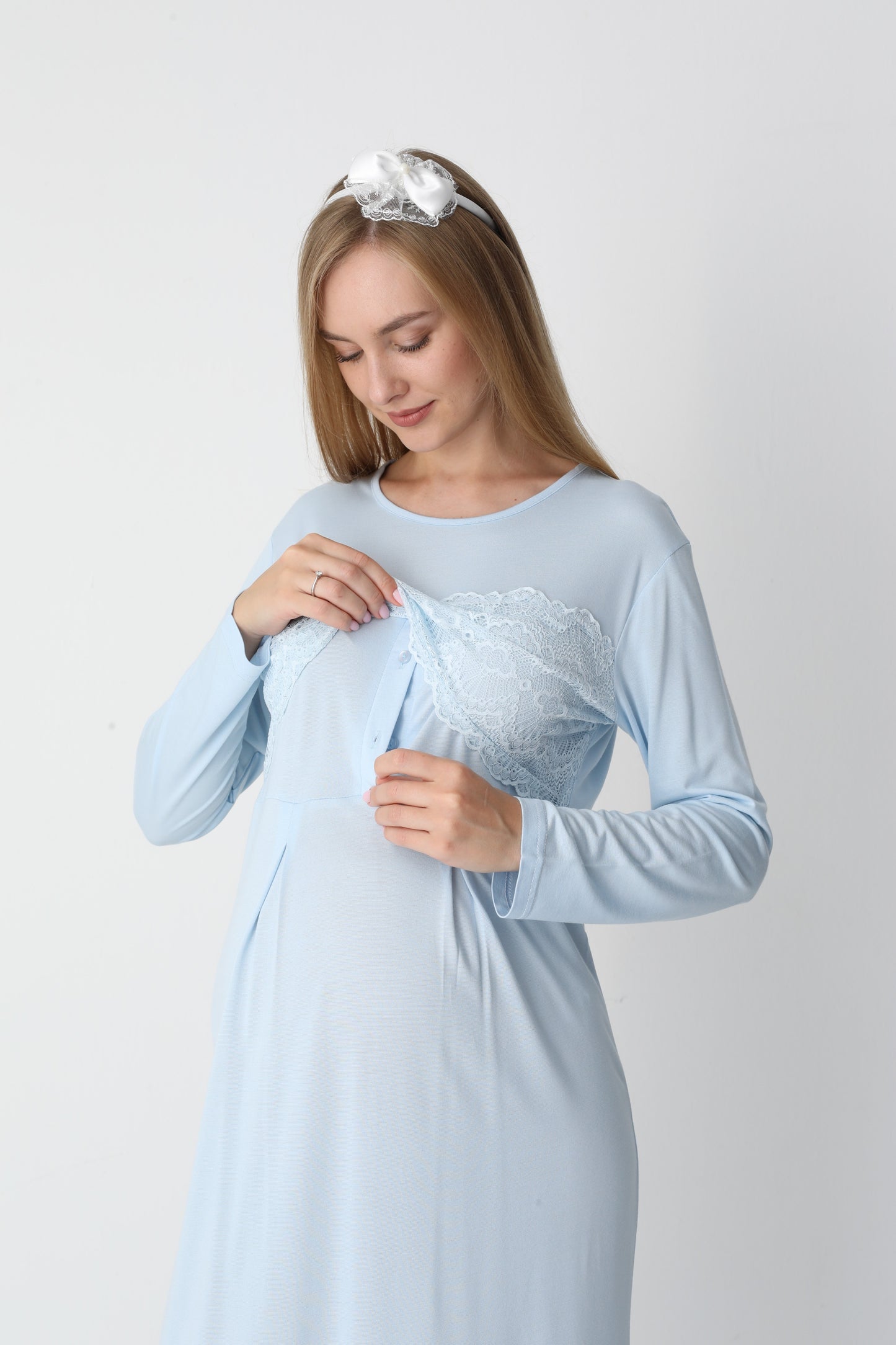 Uzun Kollu Dantel Detaylı Sabahlıklı Lohusa Hamile Gecelik -2301