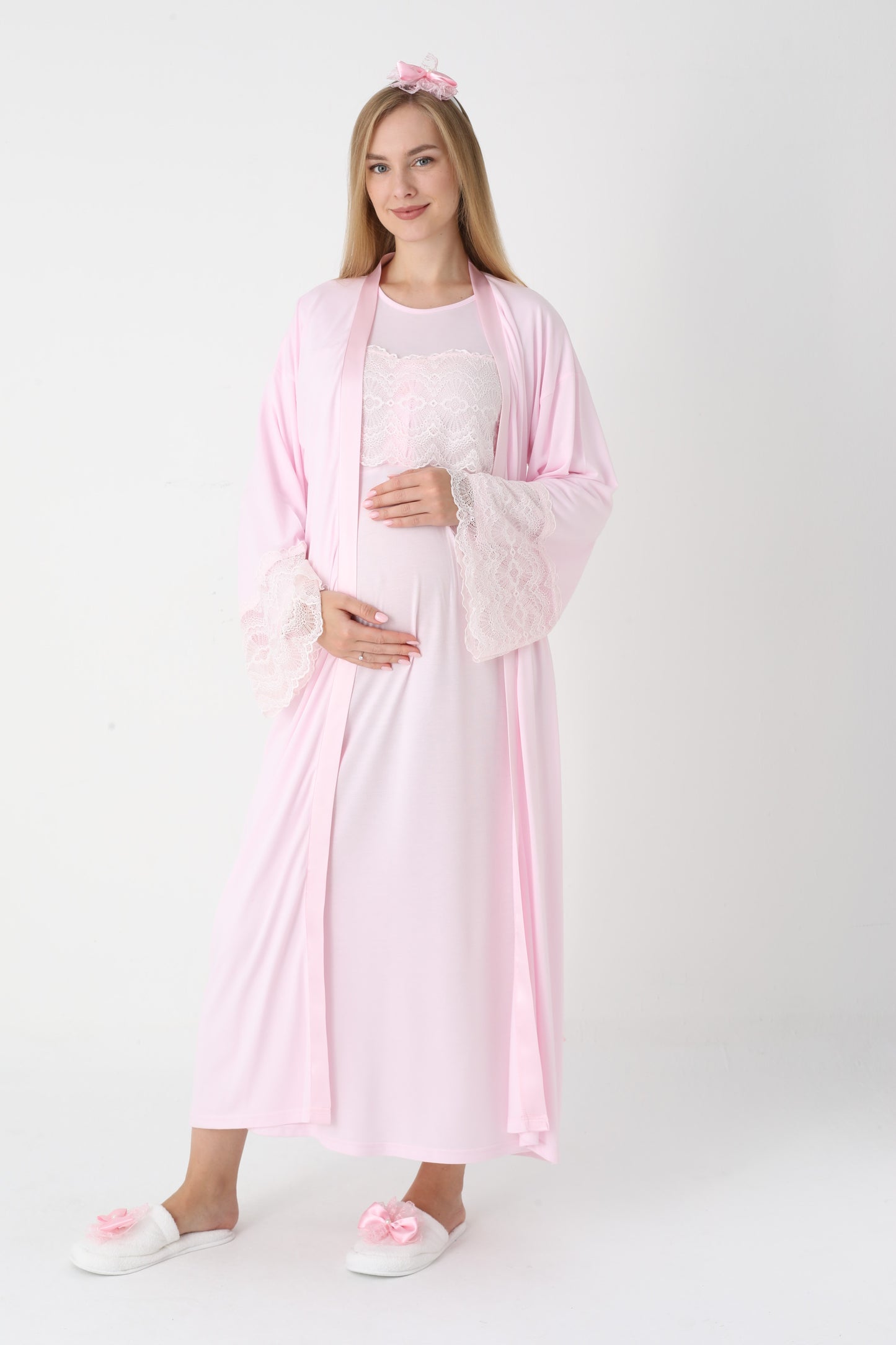 Uzun Kollu Dantel Detaylı Sabahlıklı Lohusa Hamile Gecelik -2301