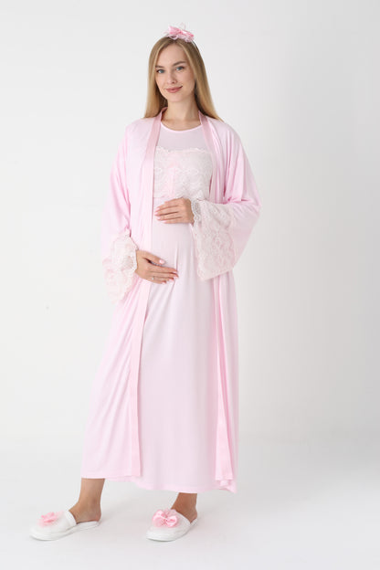 Uzun Kollu Dantel Detaylı Sabahlıklı Lohusa Hamile Gecelik -2301