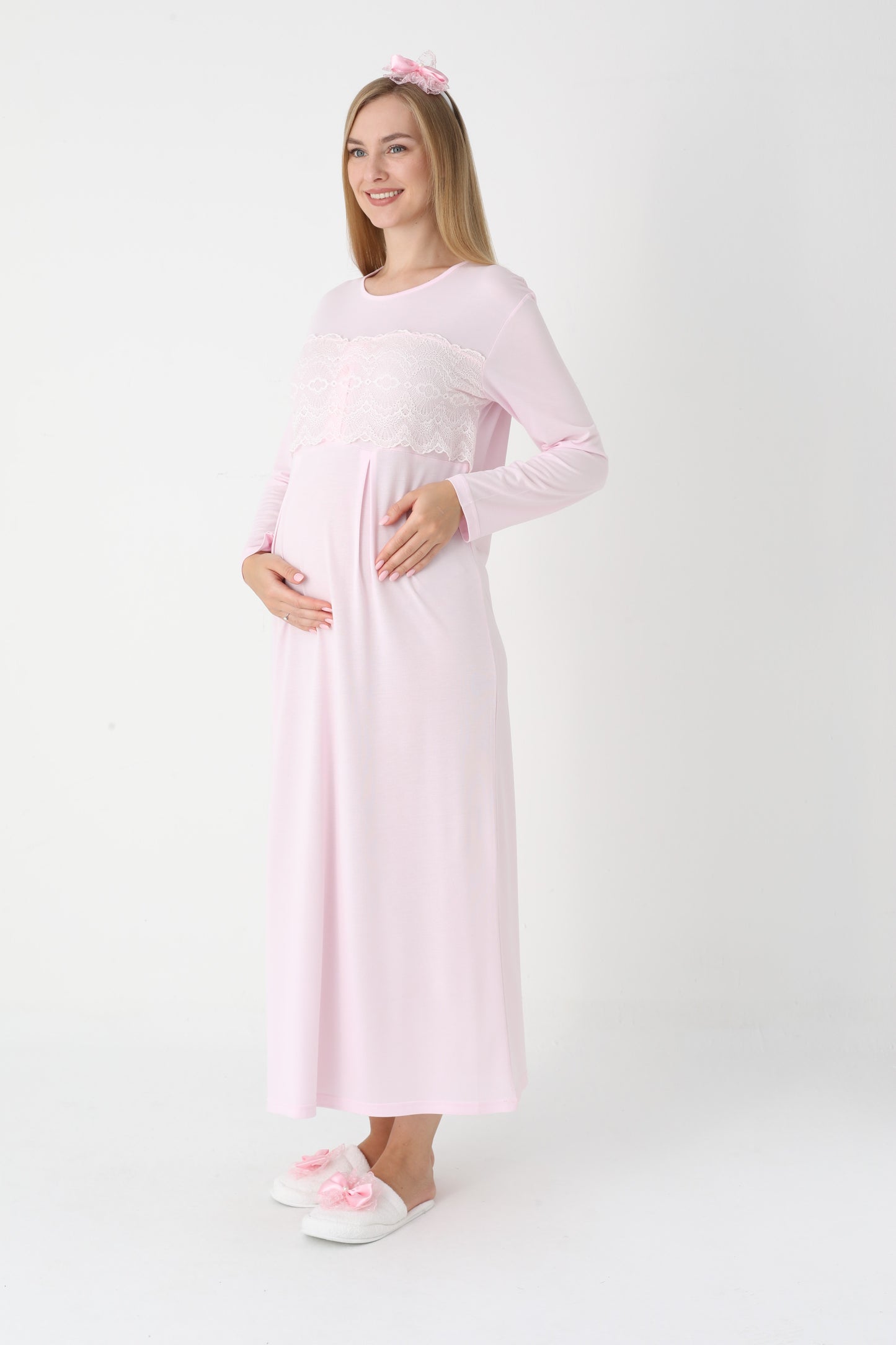 Uzun Kollu Dantel Detaylı Sabahlıklı Lohusa Hamile Gecelik -2301